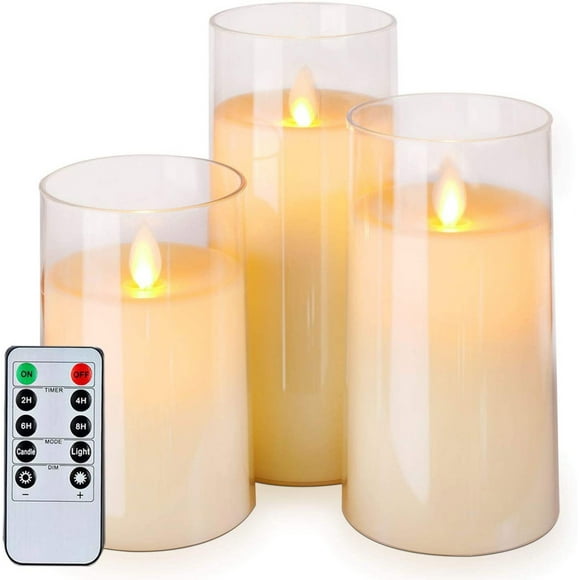 Clearance Sales! DomFun Flickering Flameless Candles Battery Operated Acrylic LED Pillar Candles Ivory White Set Of 3