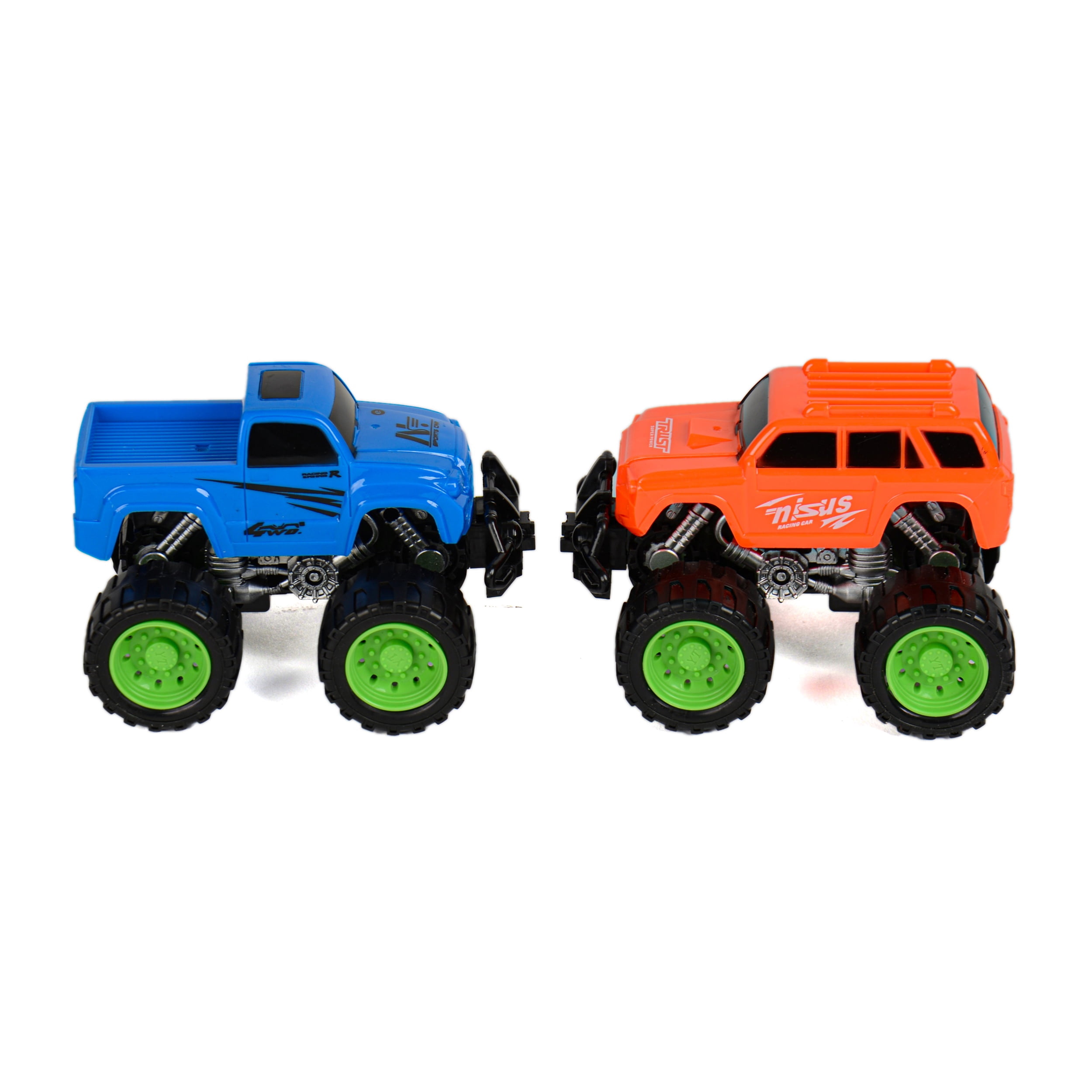 Set of 2 4WD Friction Power Monster Trucks with 360° Backflip Ramp – Push & Go Travel-Size Off-Road Toy Cars for Kids, Indoor & Outdoor Stunt Play