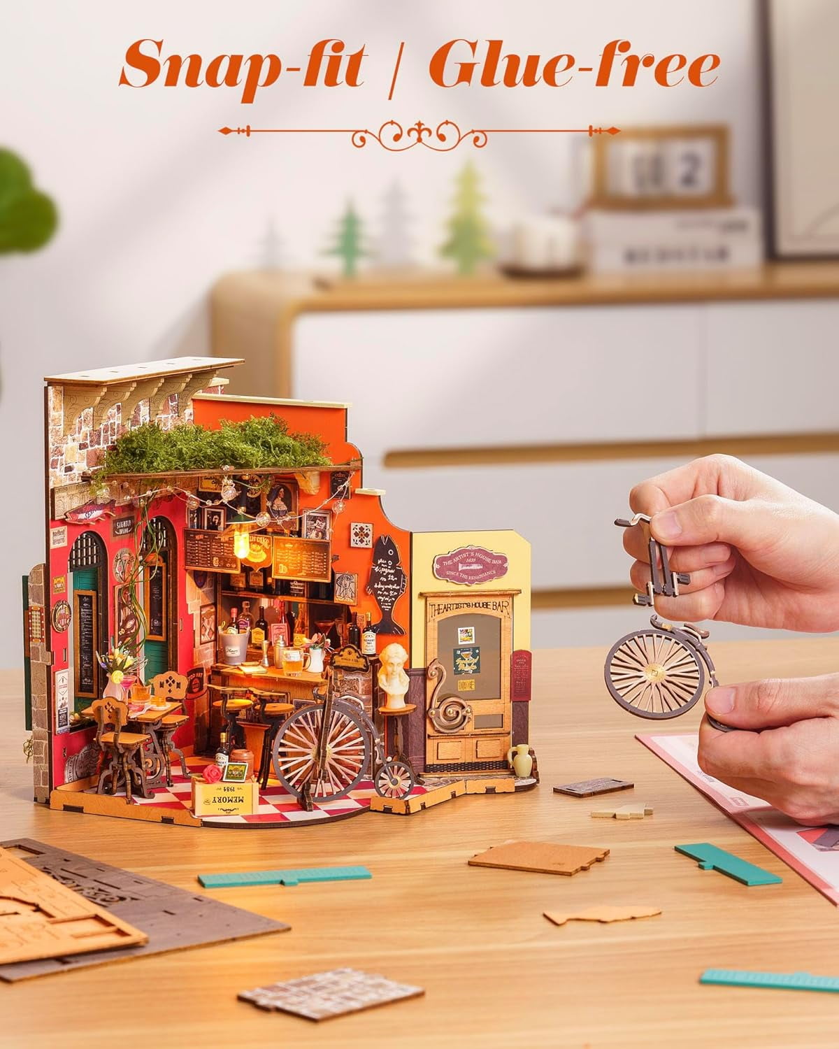 ROBOTIME Cheers Bar DIY Miniature House Kit,Mini Wooden Dollhouse Craft Kits,Tiny Home Model Building Sets for Desk Decor,Xmas Gifts for Adults Teens