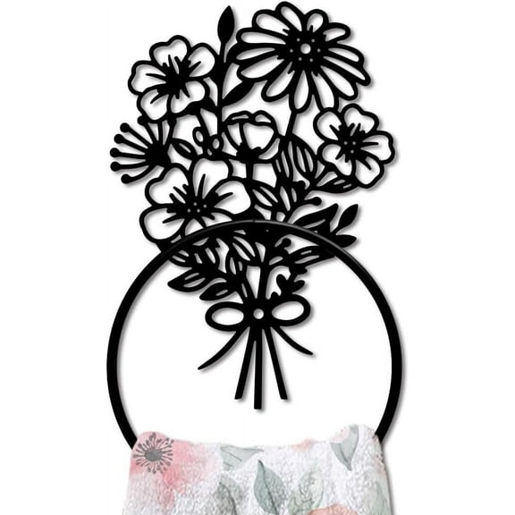 Bouquets Metal Towel Ring Daisy Flowers Hand Towel Holder Round French Floral Towel Hangers Black Bathroom Towel Rack Wall Mounted for Kitchen Bath Home Laundry Room Decors Gifts