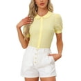 thumbnail image 1 of Camisa de cuadros para mujer INSPIRE CHIC con cuello Peter Pan, mangas cortas abullonadas, blusa de botones a cuadros XL amarilla, 1 of 6