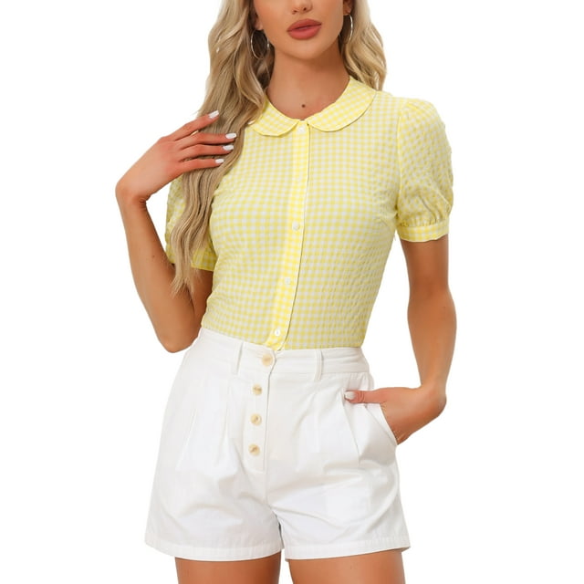 Camisa de cuadros para mujer INSPIRE CHIC con cuello Peter Pan, mangas cortas abullonadas, blusa de botones a cuadros XL amarilla