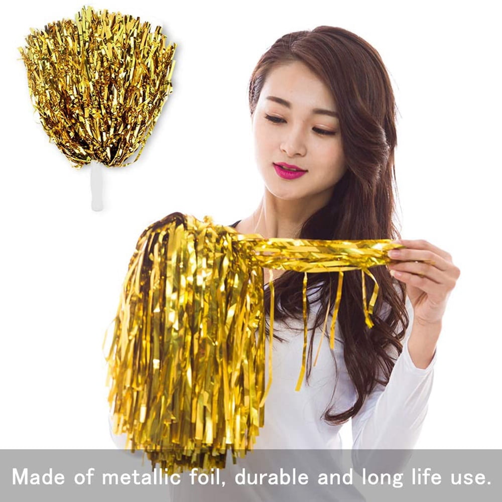 48Pcs Cheerleading Pom Poms Metallic Foil Cheer Pom Poms with Plastic Handle for Adults Kids Cheerleaders Yellow