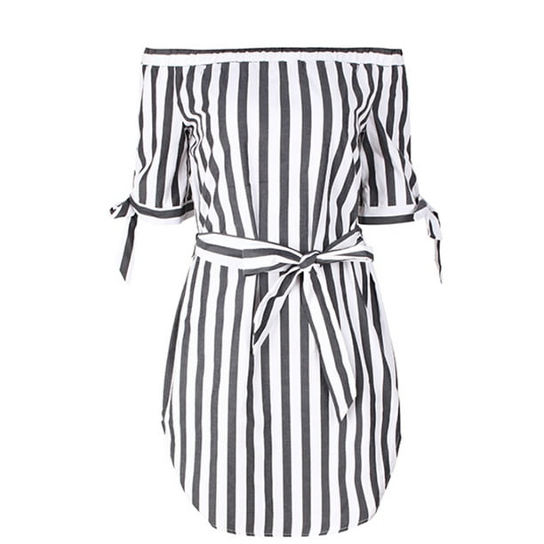 Justvh Justvh Women S Off Shoulder Striped Shirt Dress Half Sleeve Tied Mini Dresses Walmart Com Walmart Com