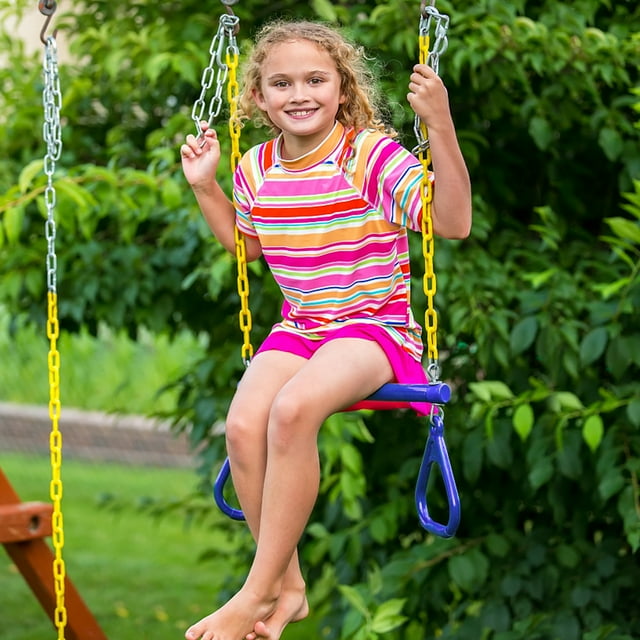 Set Trapeze Swing Bar and Rings Heavy Duty Playground Swing Set with 47'' Plastic Coated Chains and Carabiners