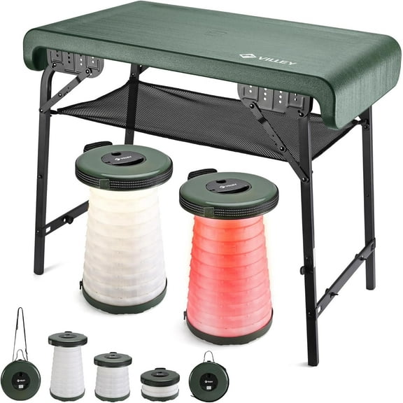 VILLEY Camping Table and Collapsible Stools Set Lightweight Foldable Beach Table with 2 Portable Stools and Mesh Layer Perfect for Outdoor, BBQ, Picnic, Beach, Hiking and Indoor Use(Green)