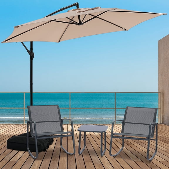 Autlaycil 5 Pcs Patio Outdoor Furniture Sets Contains 2 Textilene Fabric Rocking Bistro Chairs, Table, 10' Cantilever Umbrella and Cross Base with Sandbag, Khaki