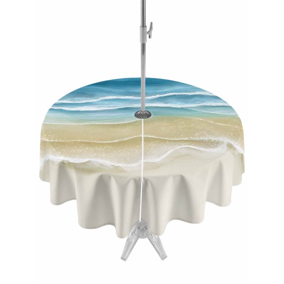 Outdoor Tablecloth with Umbrella Hole for Patio/Picnic/Party/Camping, Blue Summer Beach Coastal Waterproof Table Cloth Round Cover Washable, Nautical Beige Seaside (Dia 60")