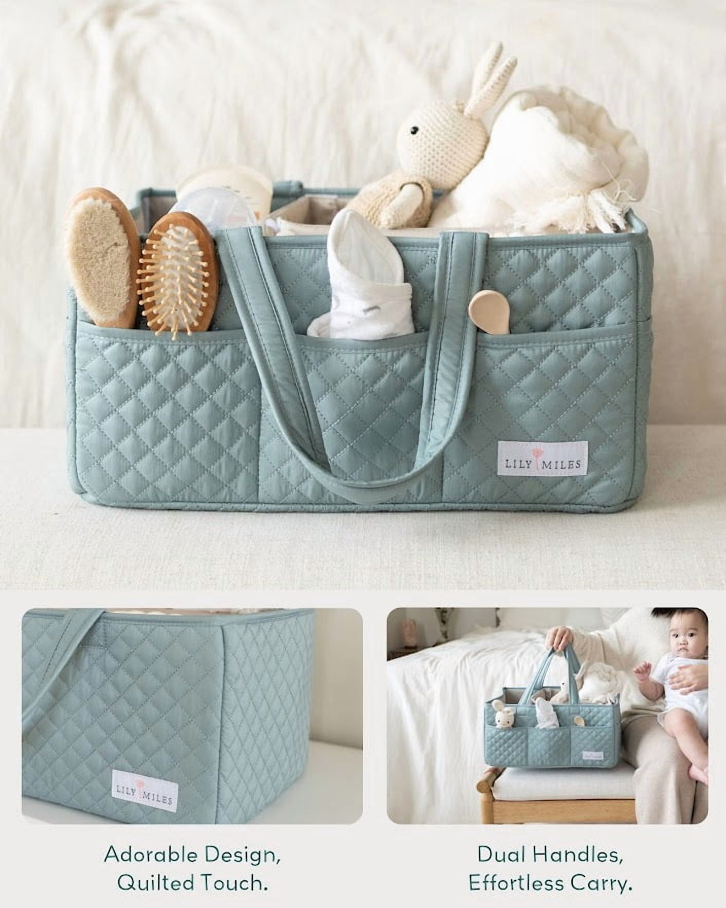Lily Miles Baby Diaper Caddy Organizer, Quilted Nursery Storage Basket, Portable Changing Station Organizer, Willow Green