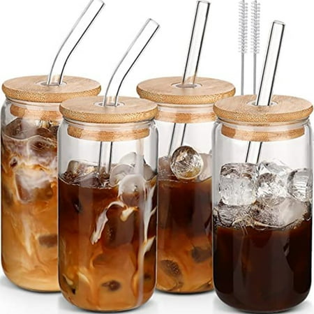 

Glass Cups with Lids and Straws 4pcs Set-16oz Iced Coffee Cups Glass Coffee Cups with Lids and Straw