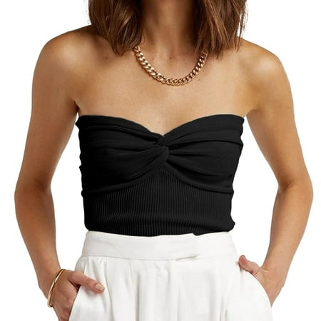 

Cuoff Women s Tops Knot Front Knit Tube Erotogenic Strapless Ribbed Sleeveless Crop Tank Bustier Top