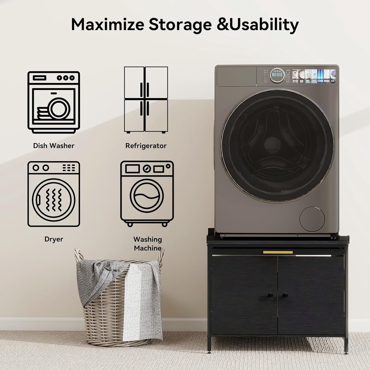 Laundry Pedestal for Washer and Dryer, 24" Universal Washing Machine Stand with Adjustable Feet and 4 Panel Corner, Fit Anti-Vibration Design with Telescopic Laundry Basket Shelf, 700 LBS Capacity