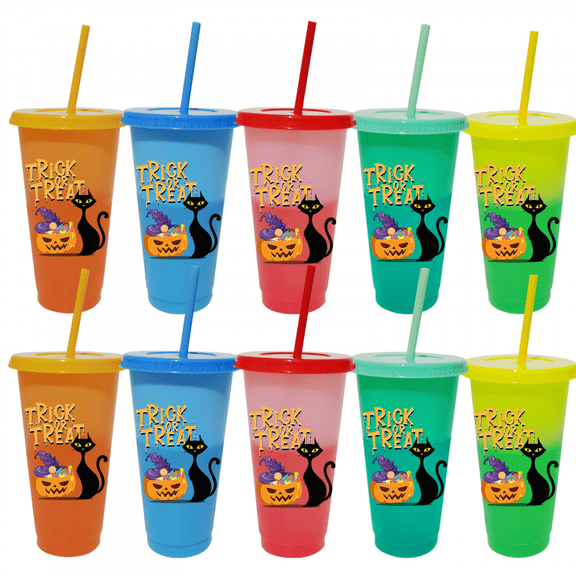 10 Pack Halloween Themed Plastic Cup-16oz Reusable Plastic Cup With Halloween Pumpkin Black Castle Design
