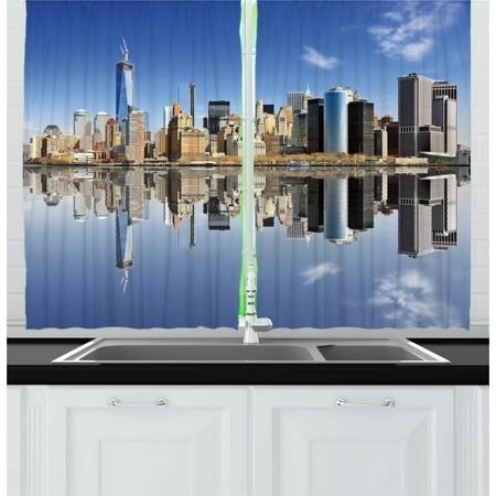- New York City Curtains 2 Panels Set, Manhattan Island Silhouette with Skyscrapers Towers Famous Island, Window Drapes for Living Room Bedroom, 55W X 39L Inches, Blue Pale Orange Grey, by Ambesonne