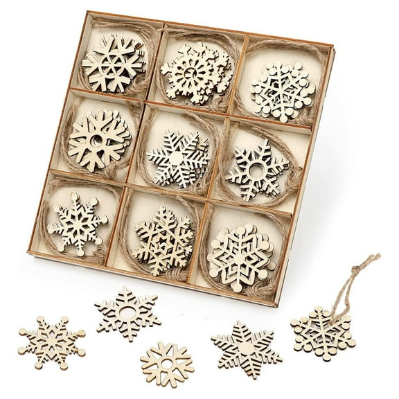 ZDWQFA 45Pcs Christmas Wooden Snowflakes Hanging Ornaments DIY Craft Snowflake Wooden Ornaments Unfinished Wood Cutout Christmas Party Supplies Xmas Tree Decorations Kids Paint Decor Gifts