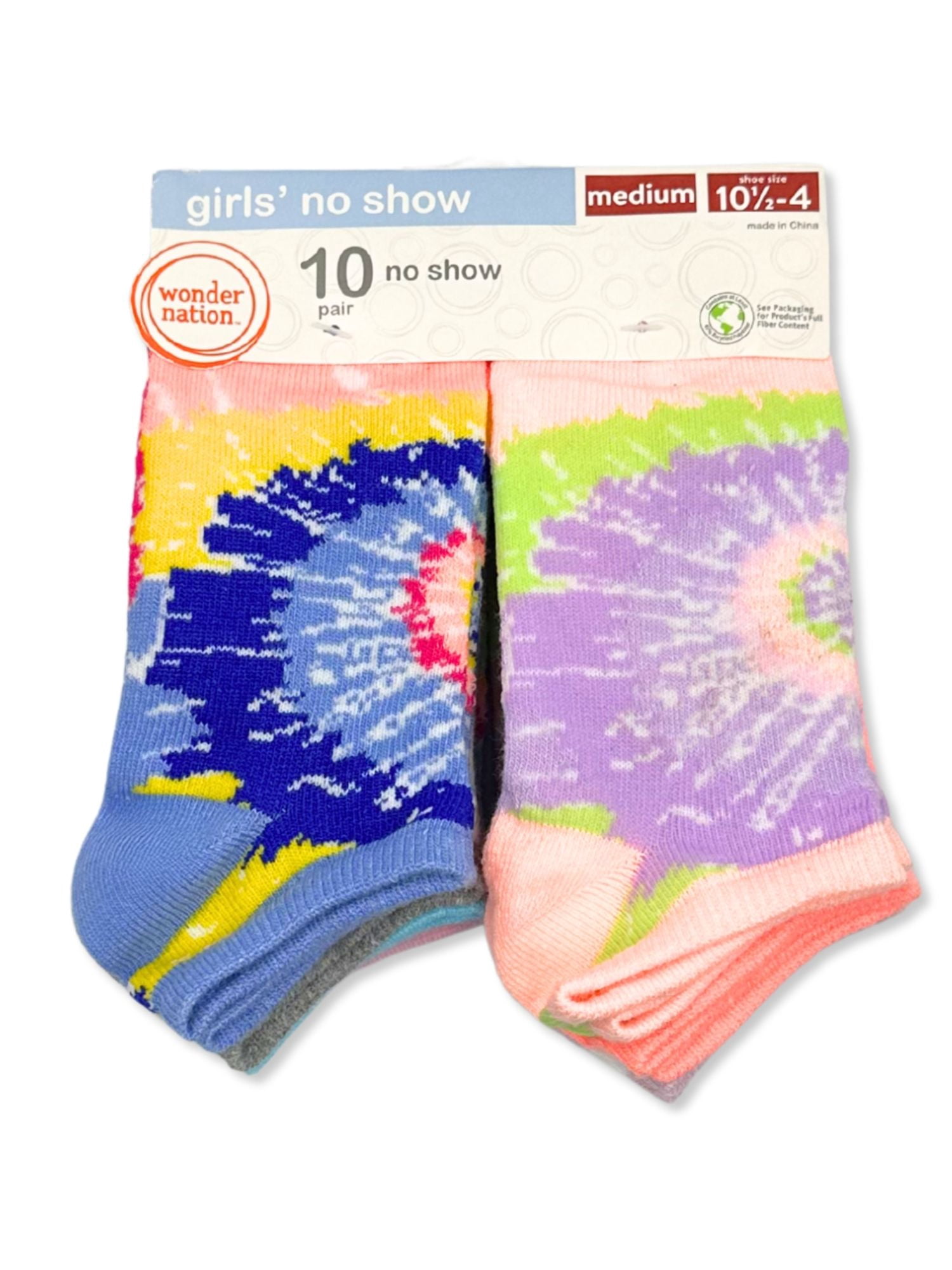 Wonder Nation Girls Rainbow Tie-Dye No-Show Socks, 10-Pack, Sizes S-L