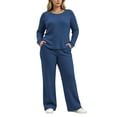 thumbnail image 2 of Large Size Hungry Ribbed Knitted Suit Women's Shoulder Button Decoration Long Sleeved Top Wide Leg Pants Two-Piece Set Navy Xxl, 2 of 8