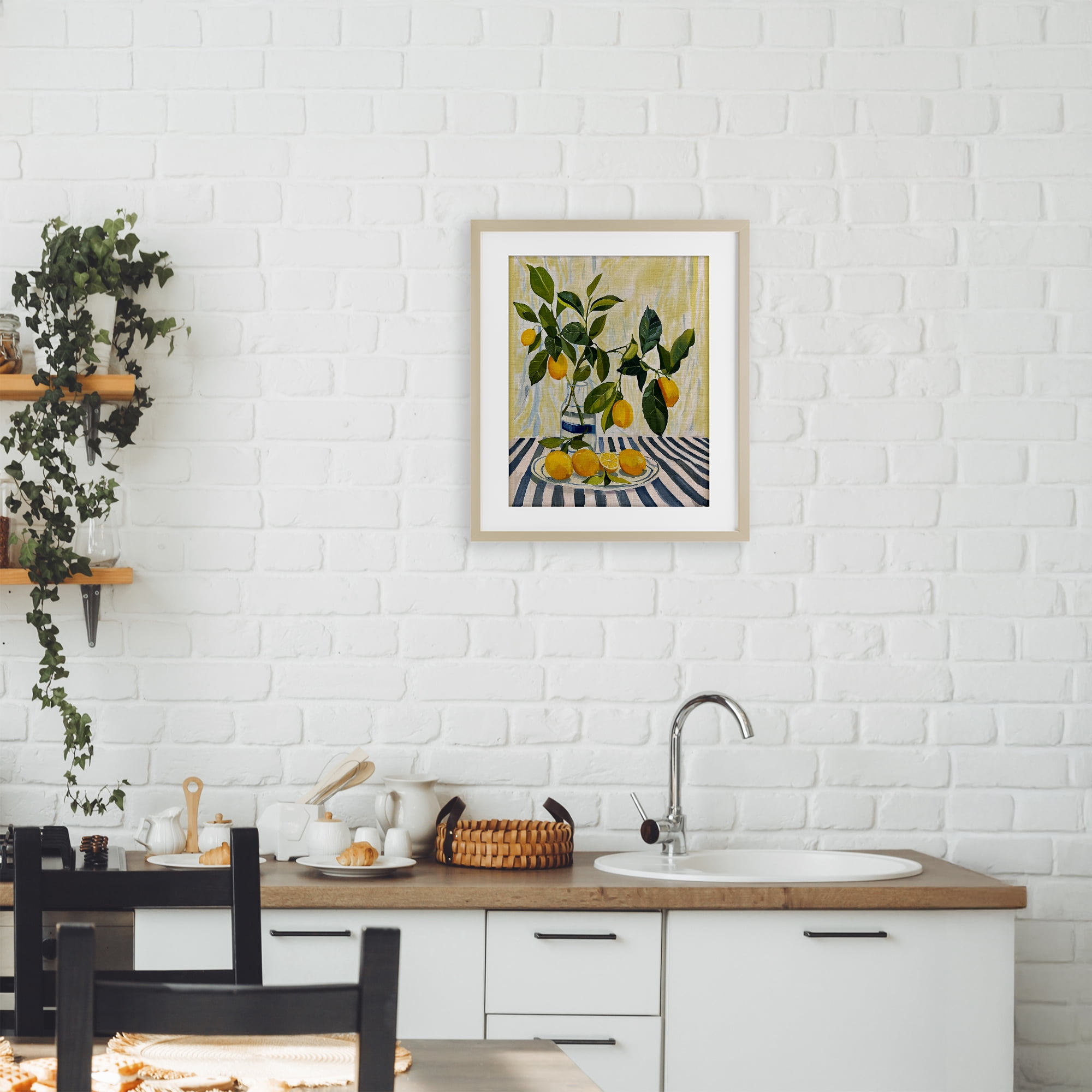 Stupell Industries Lemons on Striped Tablecloth Birch Framed Print Under Glass, design by Yen