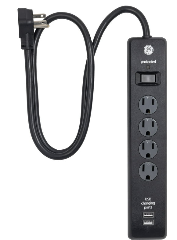GE-branded 4 outlet, 2 USB Charging Surge Protector, Black, 3 ft  33654