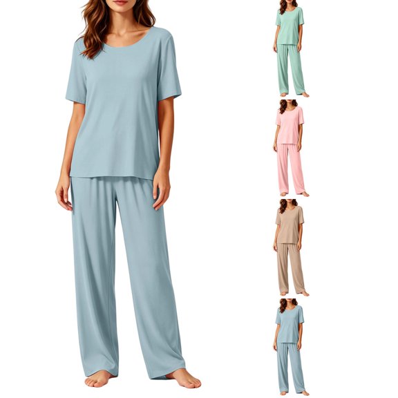 Hzzrkos Women Casual Loose Solid Color Crew Neck Short Sleeve Two Piece Loungewear Set T-Shirt and Wide Leg Pants Pajama Set