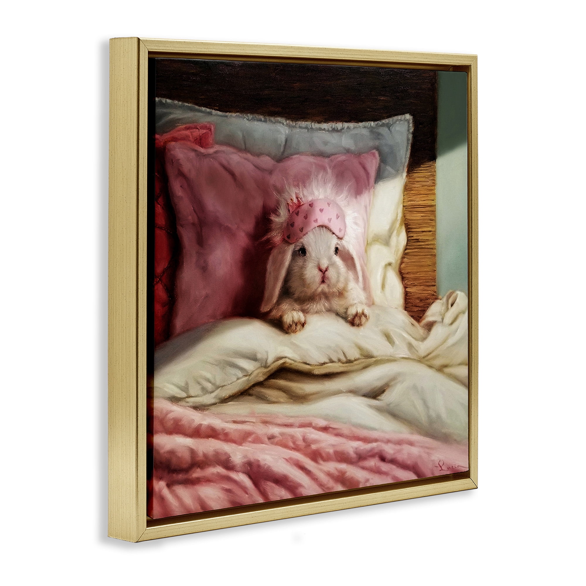 Stupell Industries Bunny Resting in Bed Animals & Insects Painting Gold Floater Framed Canvas Art Print Wall Art, 25 x 25