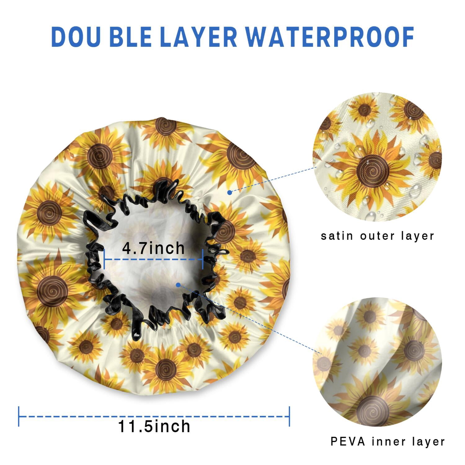 Shower Caps,Yellow Brown Sunflower Pattern Waterproof Shower Cap for Women 4 Pieces,Double Reusable Hair Cover for Shower PEVA Elastic Stretch Hem