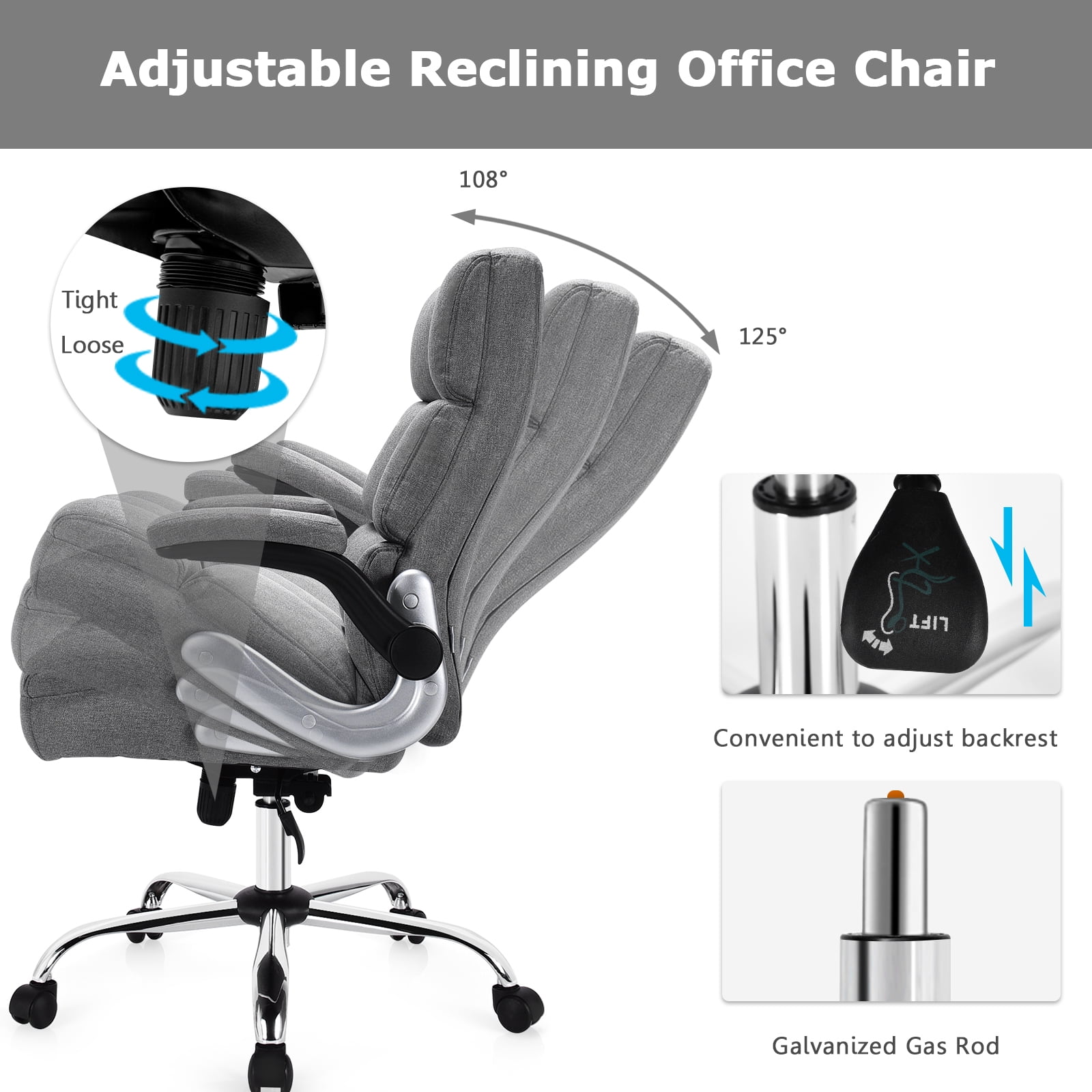 Executive Office Chair, Big and Tall Ergonomic Computer Chair, Adjustable Tilt Angle and Flip-up Armrest Linen Fabric Upholstered Chair with Thick Padding, High Back Managerial Chair (Grey)