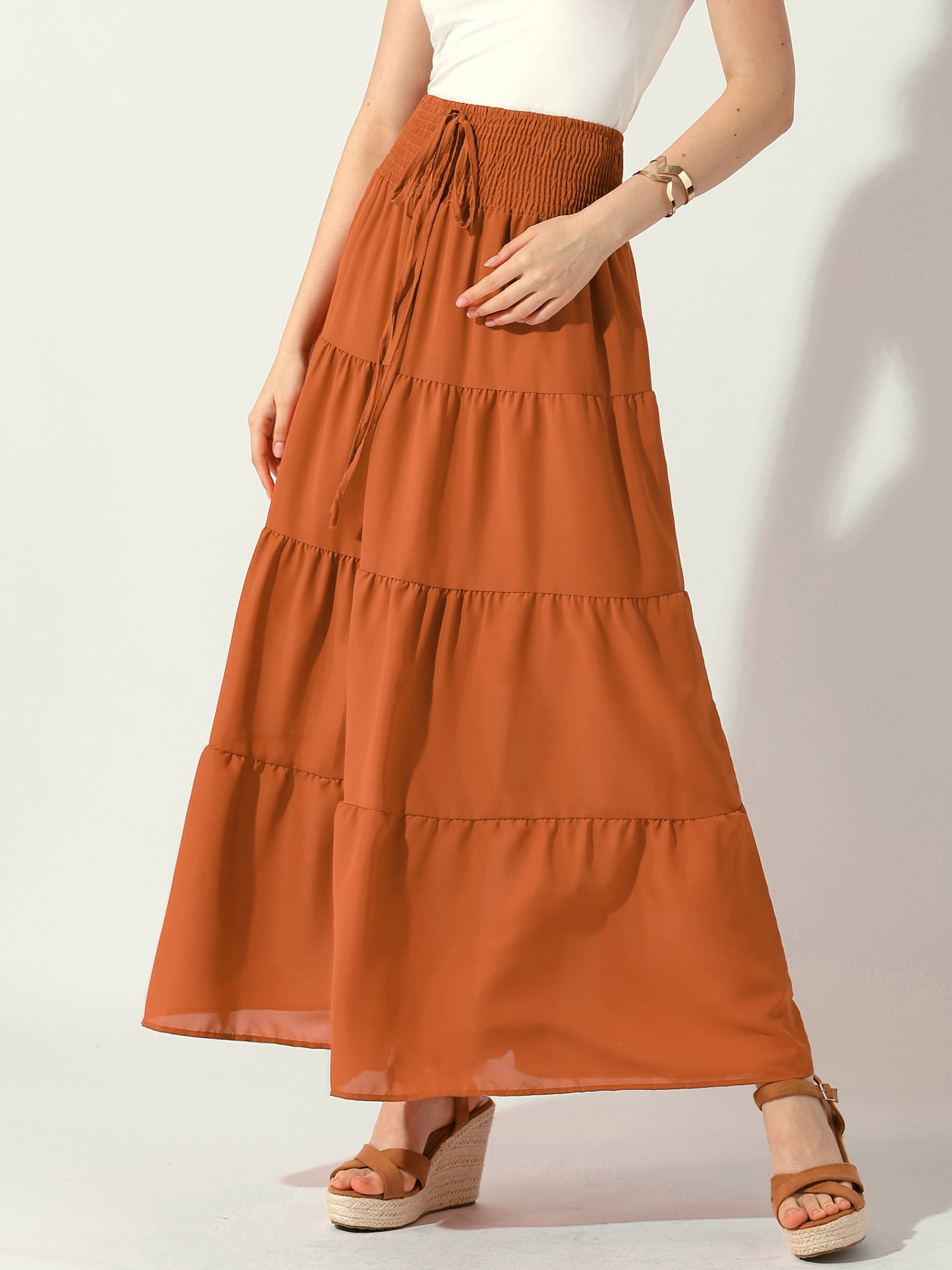 DARING DIVA Women Elastic Waist Tiered Smocked Flowy Maxi Skirt S Dark Orange