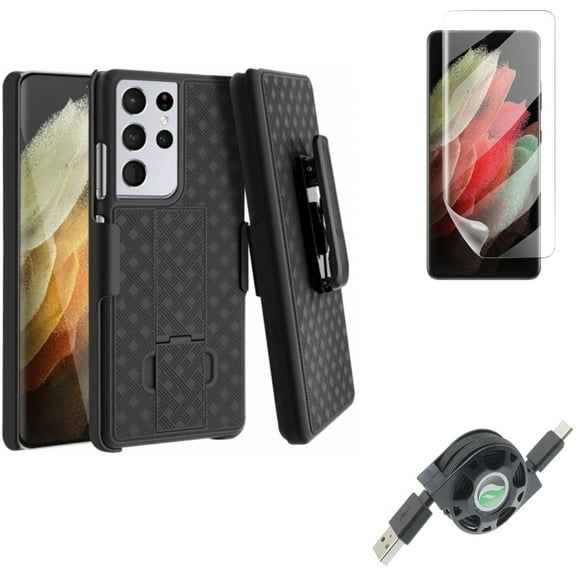 Case Belt Clip & Matte Screen Protector & USB Cable for Samsung Galaxy S21 Ultra Phone - Holster Swivel & TPU Film Anti-Glare & Retractable Type-C Accessory Bundle