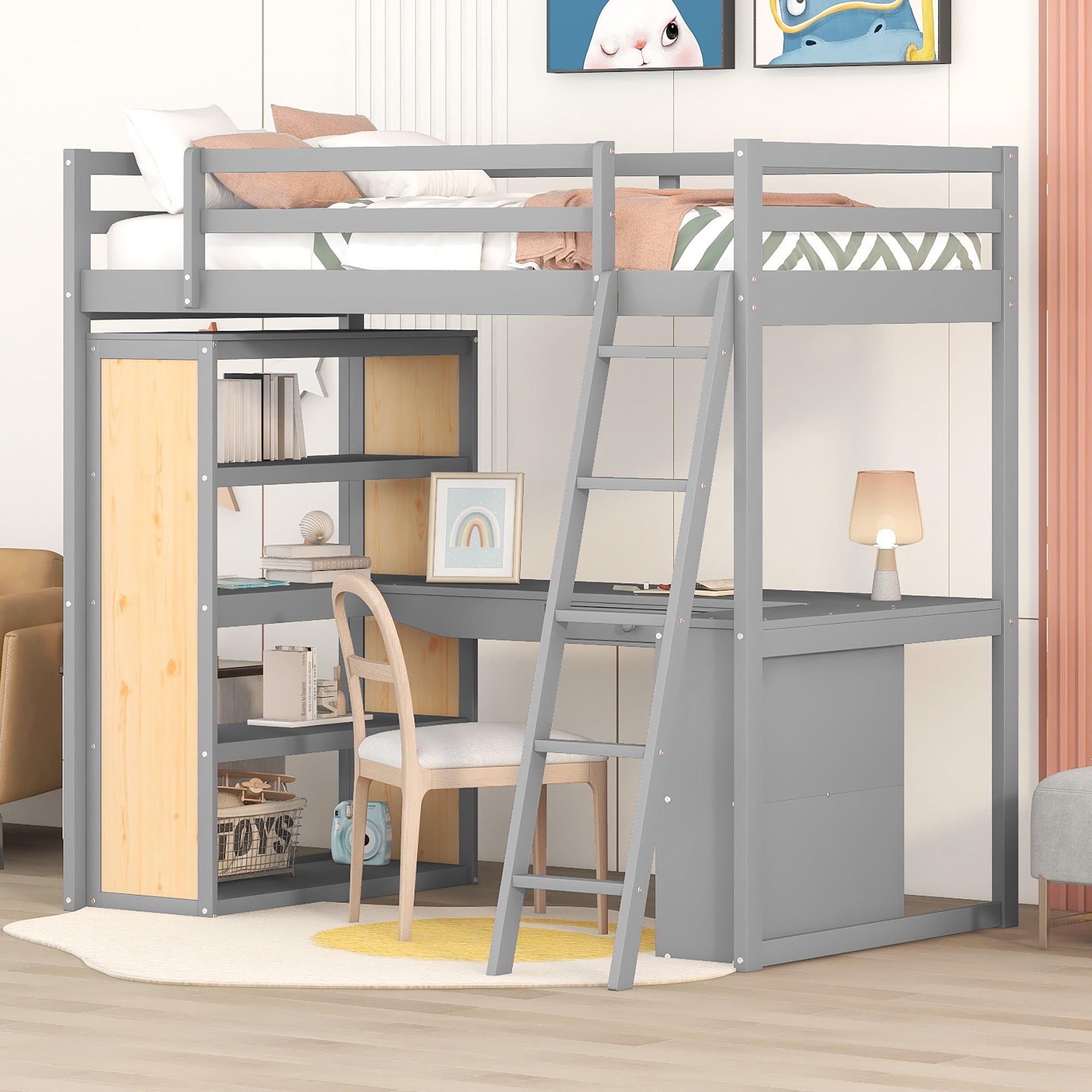 DEALTOPS Twin Size Loft Bed with Ladder, Shelves, and Desk, White - Gray