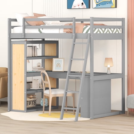 Twin Size Loft Bed with Built-in Desk  Solid Wood Bed Frame with Storage Cabinets and 4-Tier Shelves  Modern Kids Bedroom Set with Ladder and Safety Guardrails for Boys and Girls  Gray