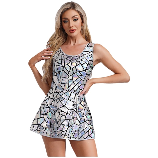 Kaerm Robe Mini Élégante Sans Manches avec Miroir Scintillant pour Femmes Robe de Cocktail Soirée Clubwear Argent L