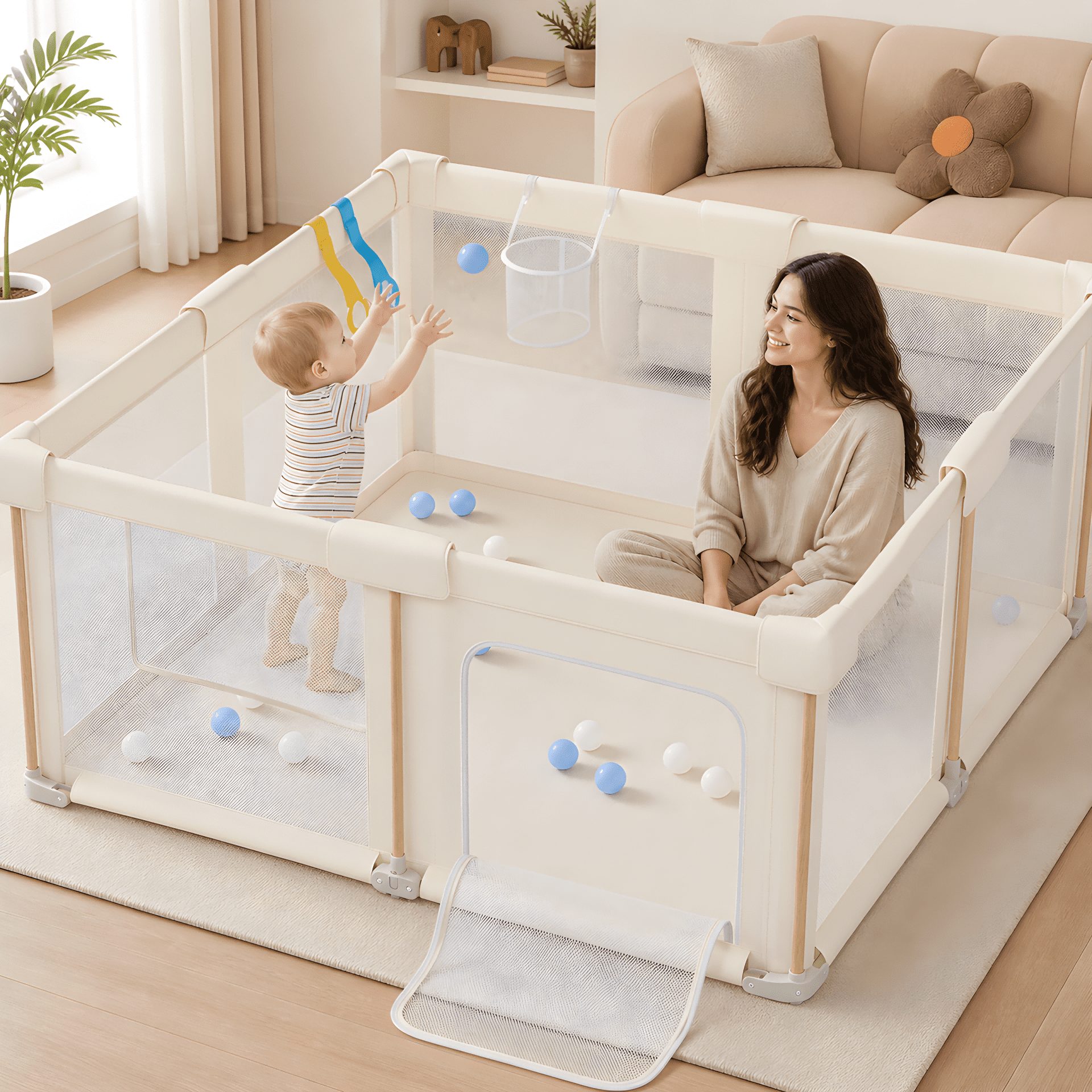 suihuooo 59''×71'' Foldable Baby Playpen with 50 Ocean Balls,Collapsible Play Pen for Infants and Toddlers,White