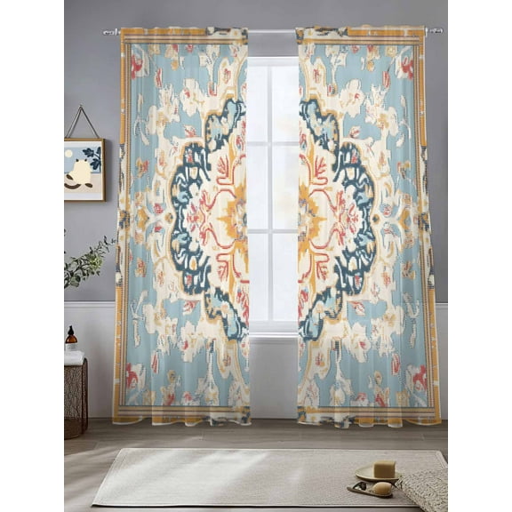 Blue Brown Boho Sheer Curtains for Living Room Bedroom Vintage Abstract Art Etnic Sheer Curtains 108 Inch Long 2 Panels Set Light Filtering Curtain Window Treatments Drapes for Dining Room