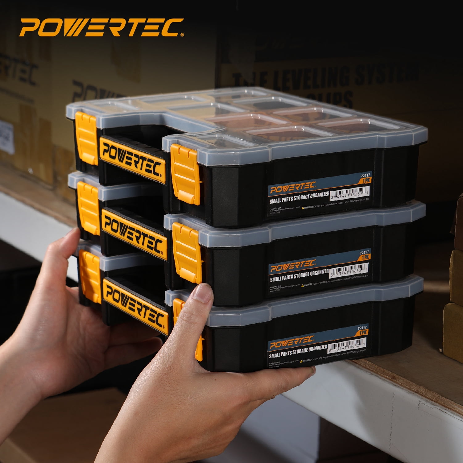 POWERTEC Small Parts Organizer & Tool Box – 10 Compartments, Stackable Storage with Removable Dividers, Clear Lid, Portable Design (72117N)