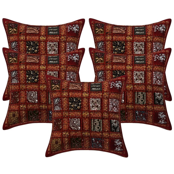 Stylo Culture Indian Sofa Throw Pillow Covers 16 x 16 Patchwork Embroidered Maroon Sequins 40 x 40 cm Home Decor Cotton Geometric Square Cushion Covers | Set Of 5