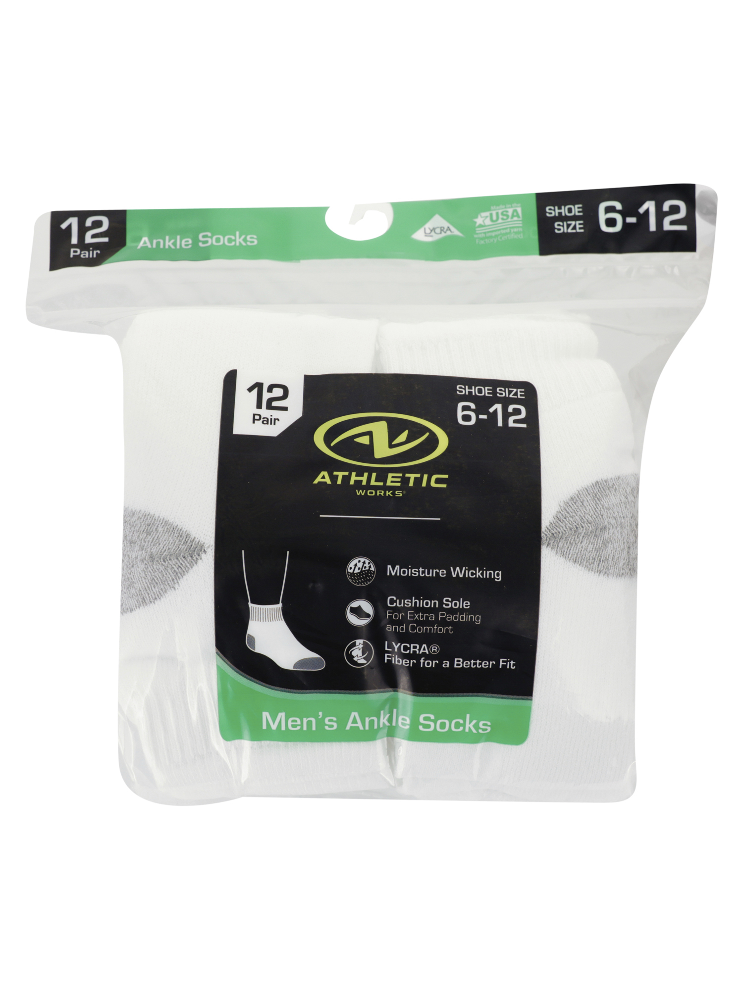 Athletic Works Men's Ankle Socks, 12-Pack, White photo 2