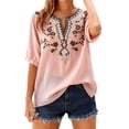 thumbnail image 2 of Summer Women Boho T-Shirts Floral V Neck Embroidered Tops Short Sleeve Loose Casual Flowy Trendy Shirts Pink L, 2 of 6