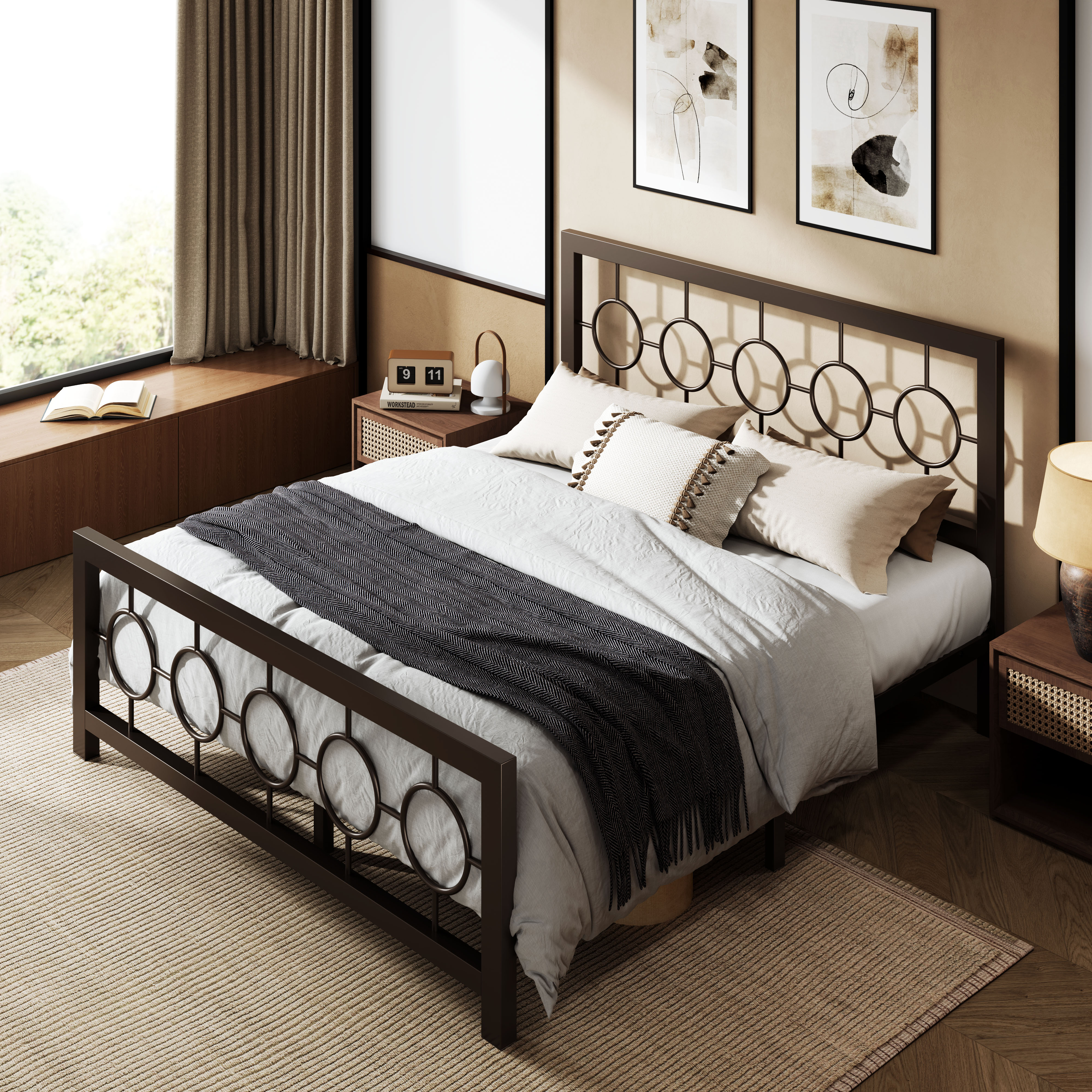 Sifurni Queen Size Metal Platform Bed Frame with Modern & Vintage Headboard and Footboard, Brown