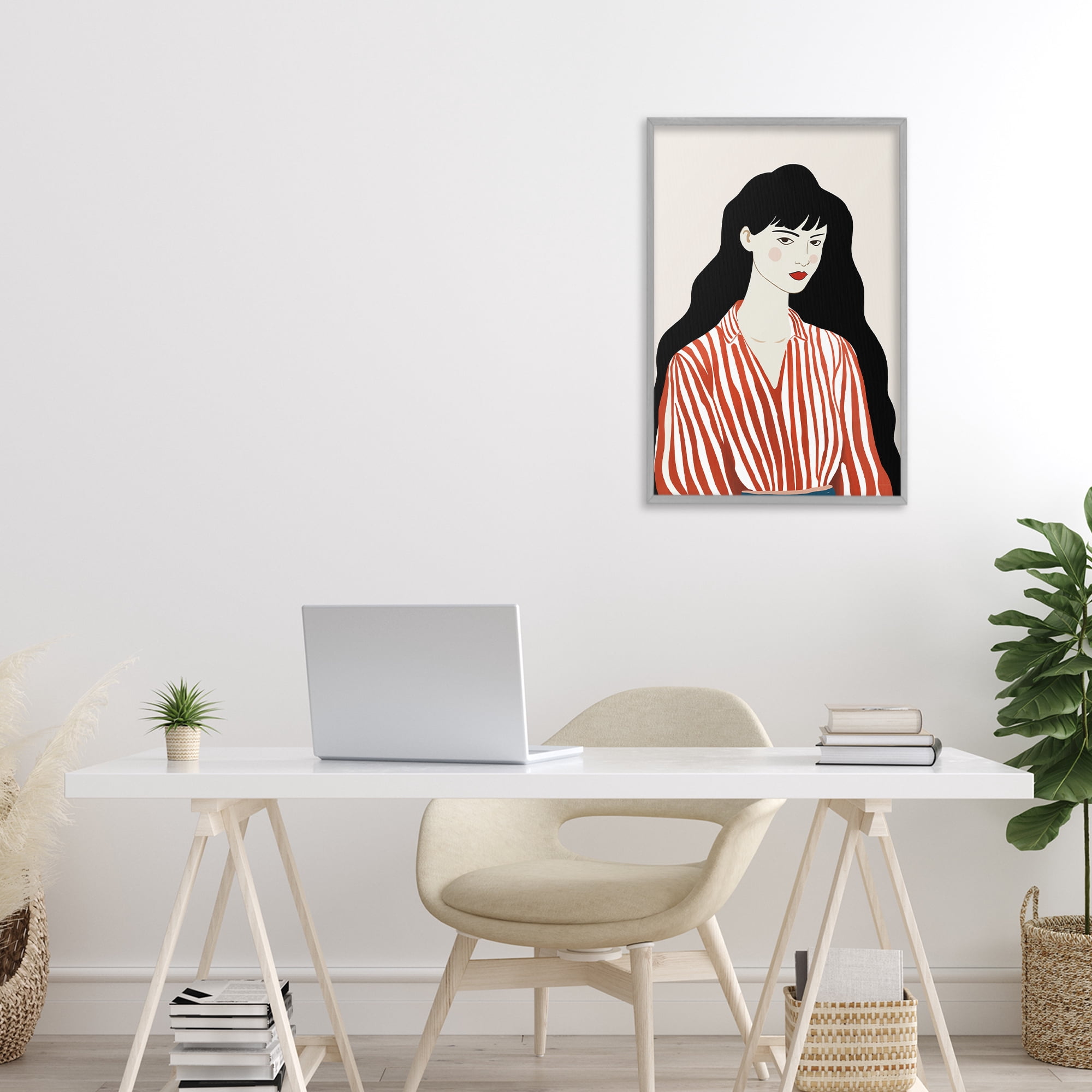 Stupell Industries Woman in Striped Blouse Gray Framed Giclee Art, design by Omar Escalante