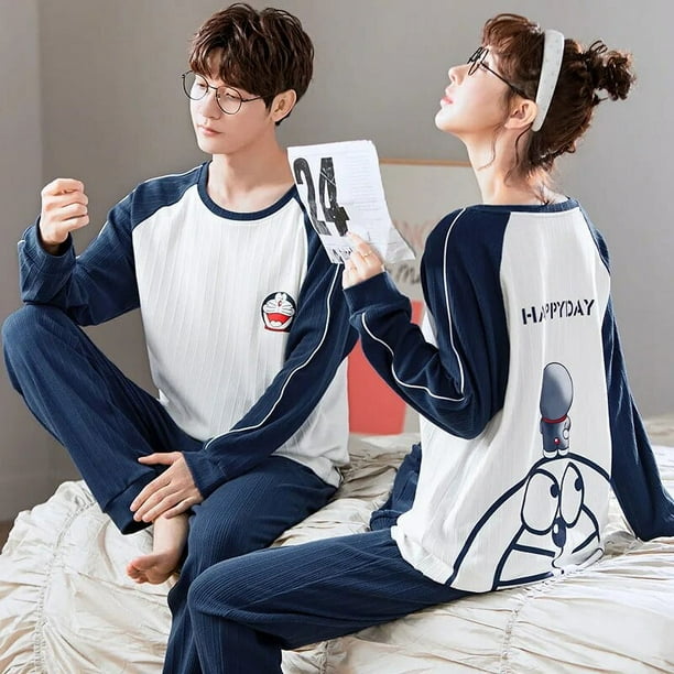 Conjunto de pijamas de dibujos animados para hombre y Mujer ropa de dormir de algodon para parejas Tops largos para dormir pantalones otono y primavera Walmart en linea