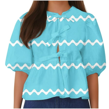 ameIAEA Womens Lace-up Front Tops Babydoll Puff Short Sleeve Blouse Cute Summer Shirts