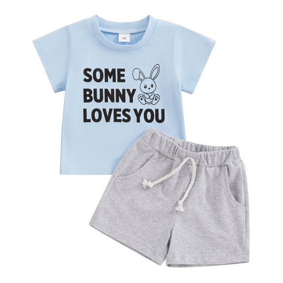 Infant Toddler Boy Easter Outfit Round Neck Short Sleeve Letter Print Tops Elastic Waist Shorts 2 Piece Summer Set
