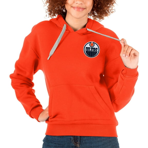Women's Antigua Orange Edmonton Oilers Primary Logo Victory Pullover Hoodie
