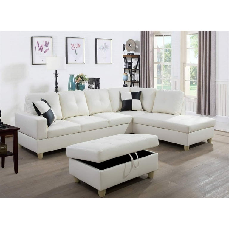 Living Room L Shaped Modern Sofa Set, Ivory Faux Leather Sectional