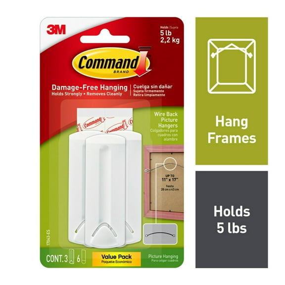Command Wire-Backed Picture Hanger, Holds 5 lbs, 3 Hangers, 6 Pairs Adhesive Strips