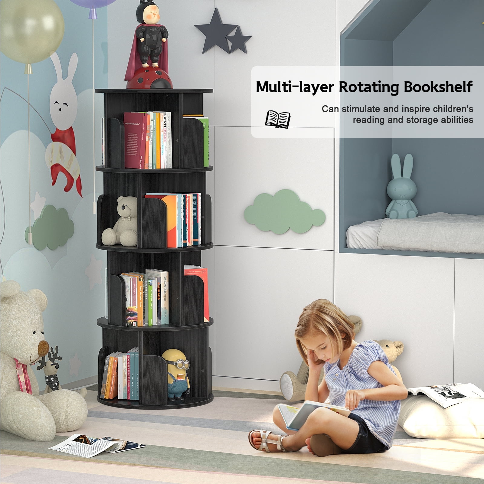 Homieasy Rotating Bookshelf, 360 Display Corner Bookshelf for Small Space, 4 Tier Floor Standing Bookcase Storage Rack, Wood Narrow Book Shelf Organizer for Bedroom, Living Room, Study Room, Black