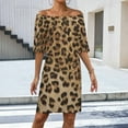 thumbnail image 2 of Leopard Print Brown Women's Off The Shoulder Ruffles Summer Wedding Guest Loose Casual Party Beach Dress, 2 of 9