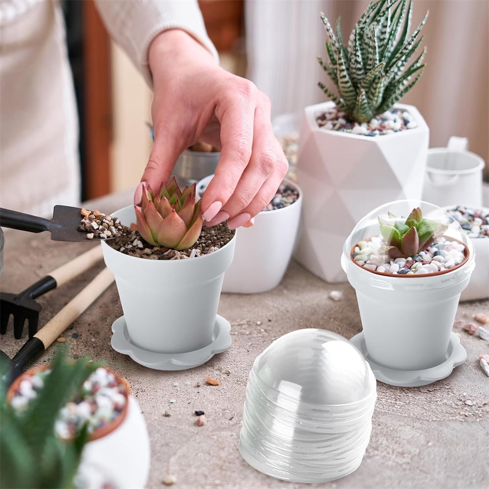 Flowerpot Dessert Cups,Plastic Gardening Plant Containers Pot with Lid and Bottom Tray,Small Flower Pot Cups Dessert Cups,Seedling Planter Starter Pots,20 Pcs,White