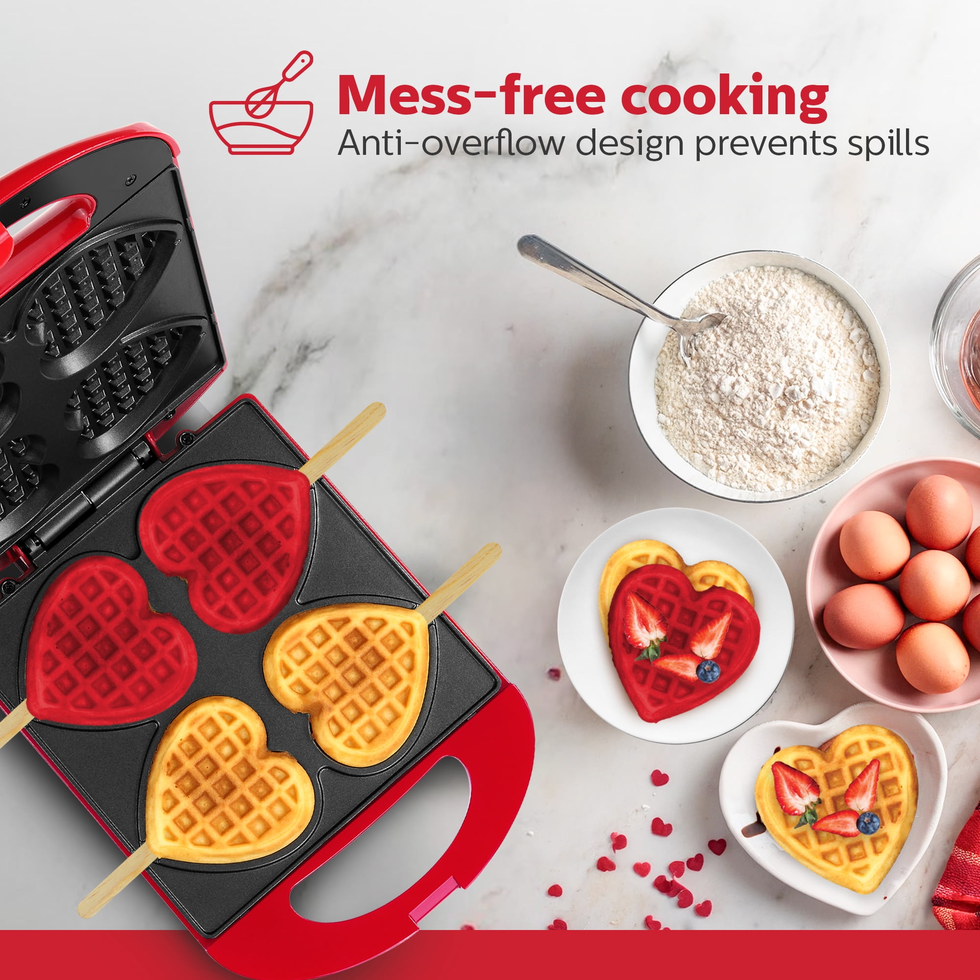 Holstein Housewares 4-Section Heart Shaped Waffle Maker, Red